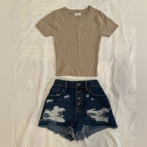 Brown Ribbed High Neck Short Sleeve Tee Size Small